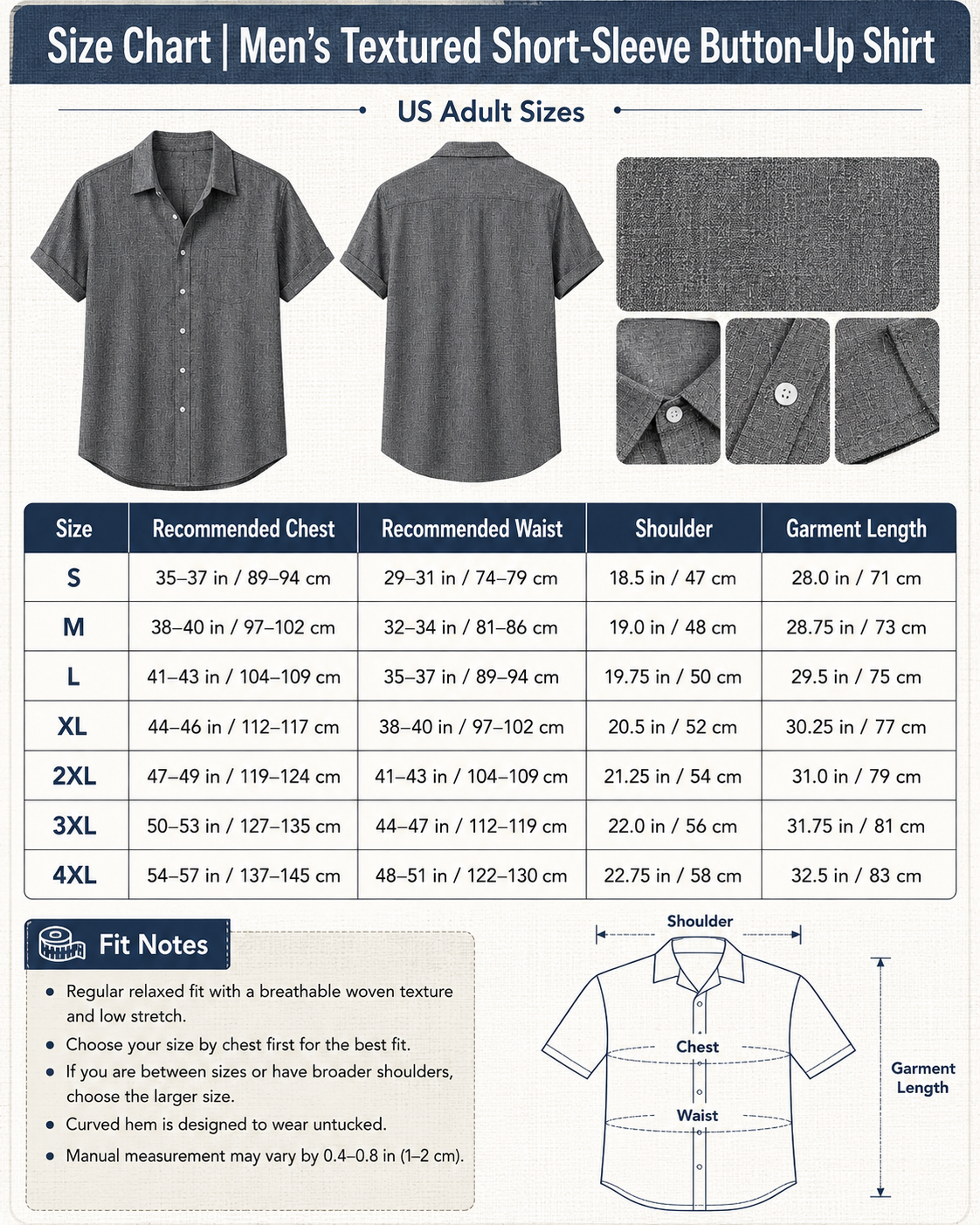 Size chart for men's textured short-sleeve button-up shirt