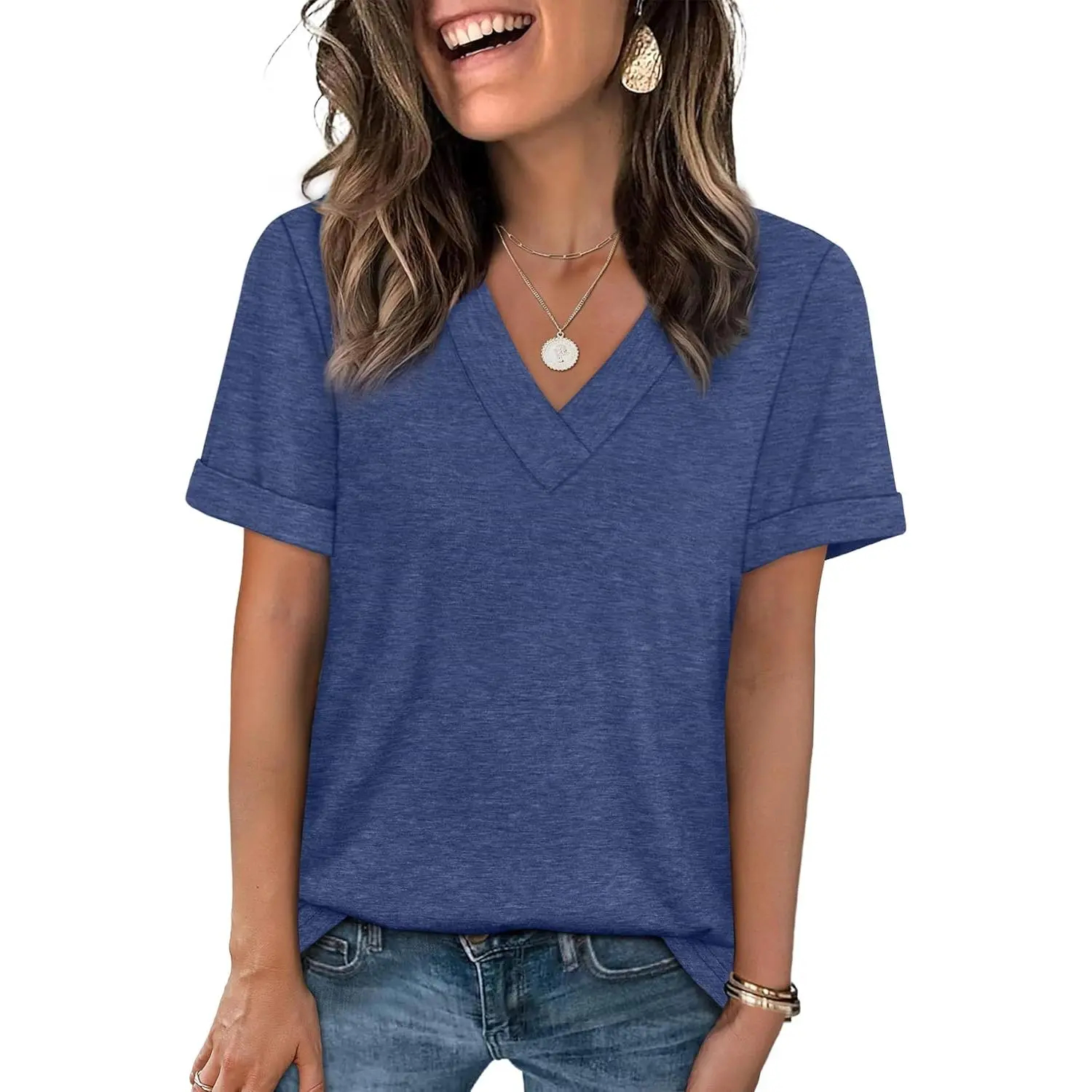 Women's Sleeve Basic Casual V Neck Tops Short