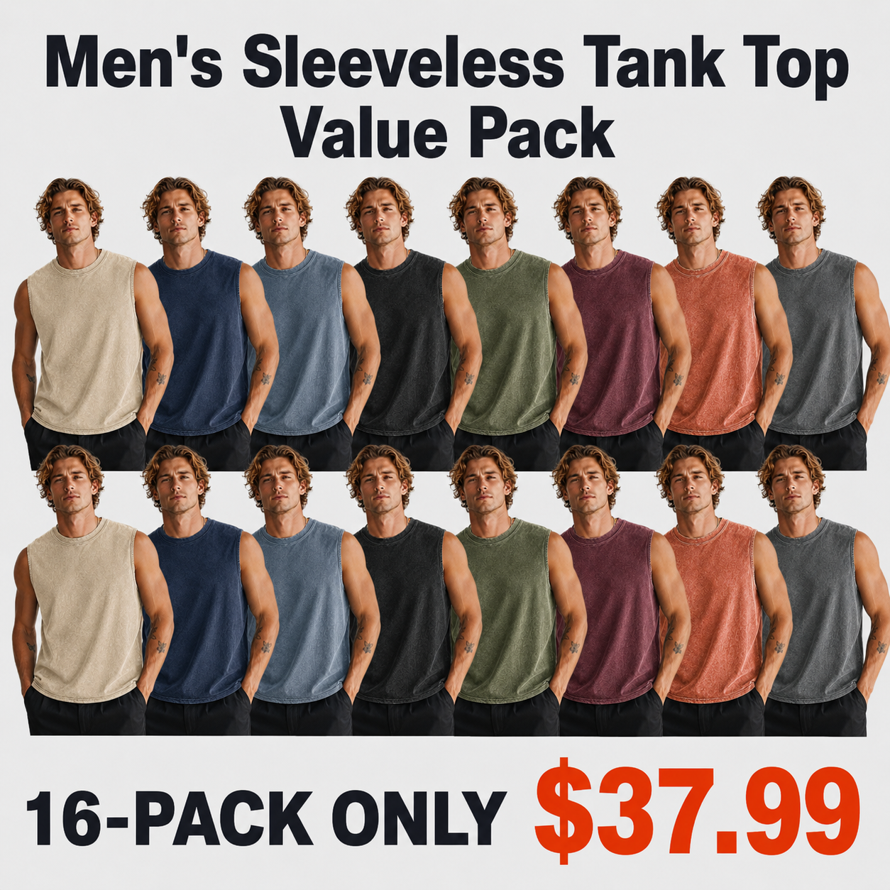 Mixed 16-Pack men's mineral-washed sleeveless tank tops