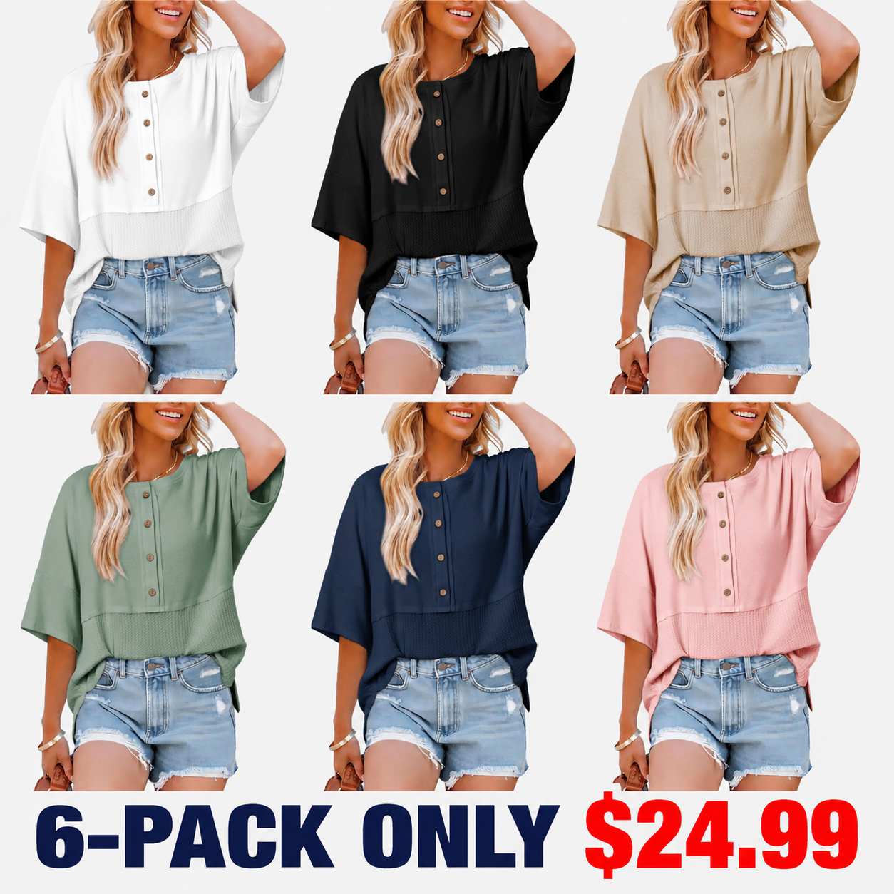 Womens Waffle Knit Tops 3/4 Sleeve Casual Button Down Shirts Crew Neck Oversized Patchwork Blouses