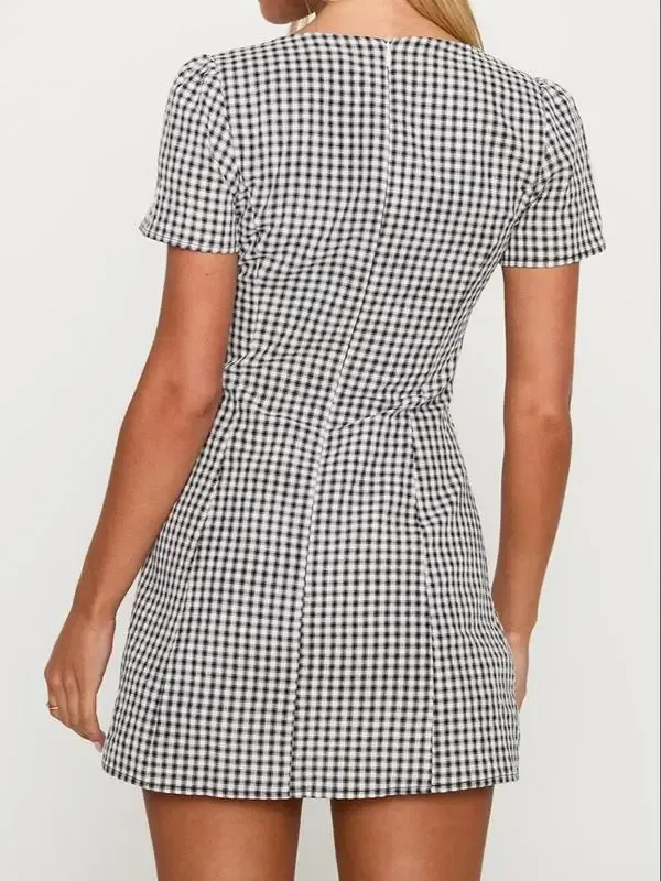 Women's Plaid Print Button Decor V Neck Shortsleeve