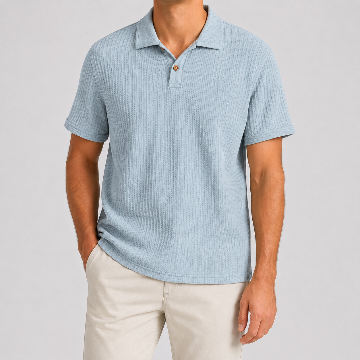 8 adult models wearing textured knit polo shirts