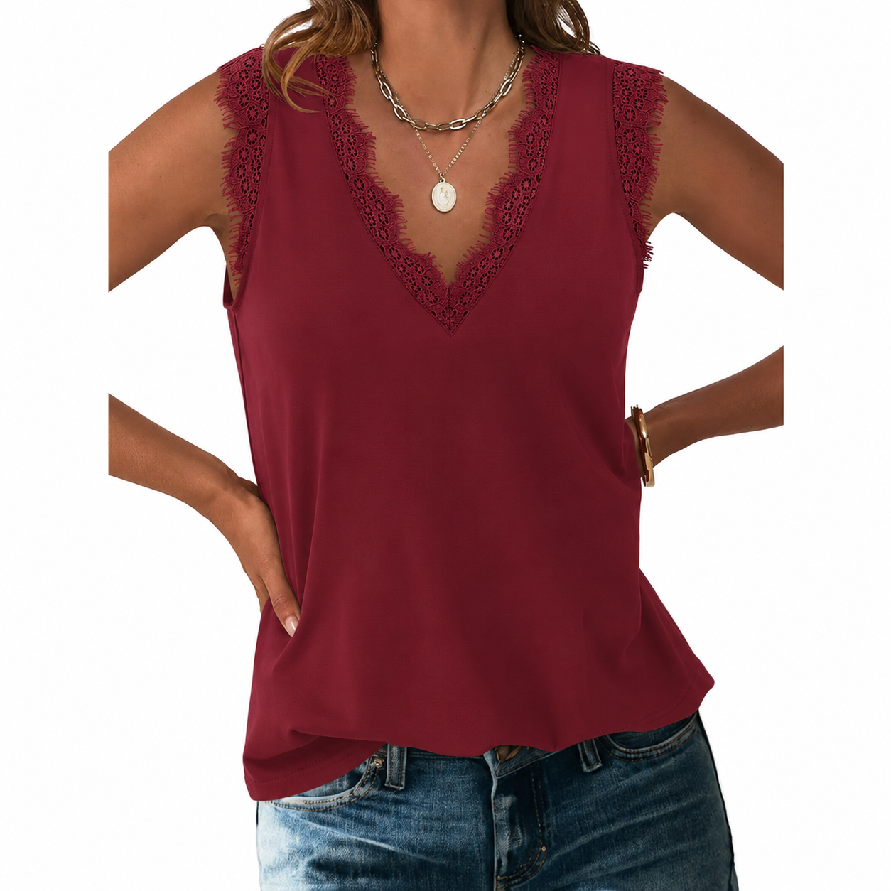 Wine Berry lace-trim sleeveless V-neck top