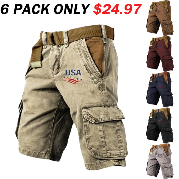 🔥Last Day 80% OFF🔥Men's Vintage Flag Independence Day Multi-Pocket Print Cargo Shorts (Belt Included)