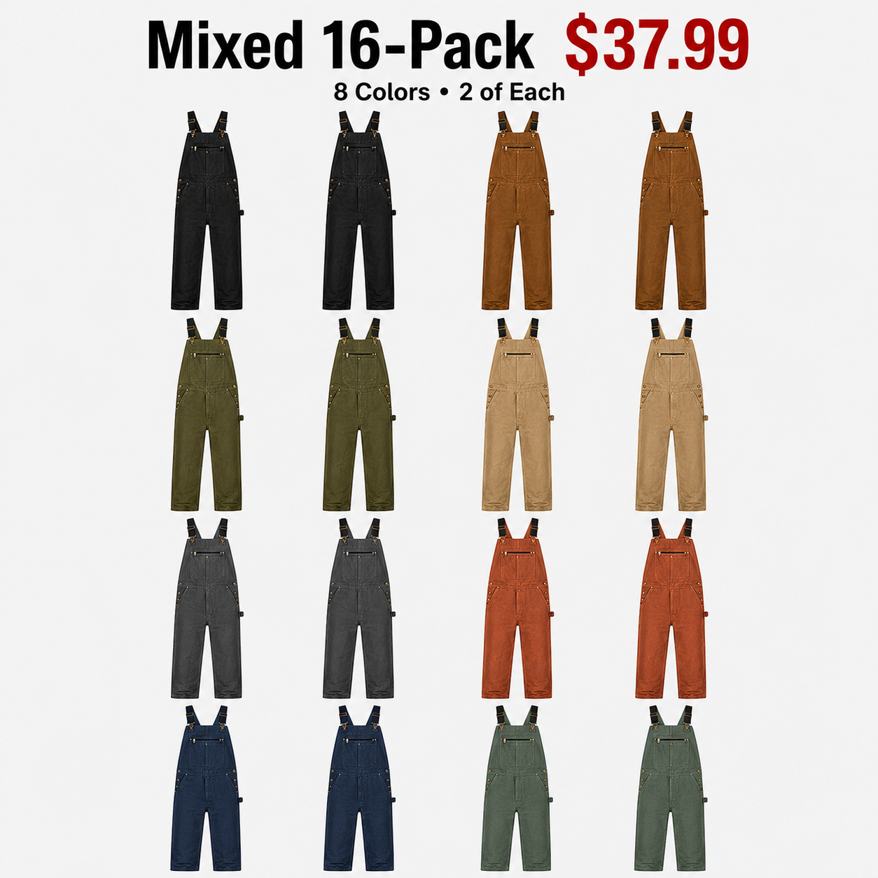 Mixed 16-Pack men’s utility bib overalls bundle