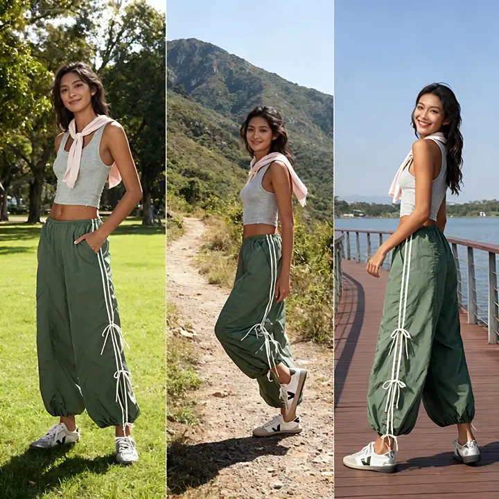 UANEO Women's Parachute Style Elastic High Waist Full Twist Hiking Cargo Pants with Adjustable Cuffs Womenswear Casual Bottom