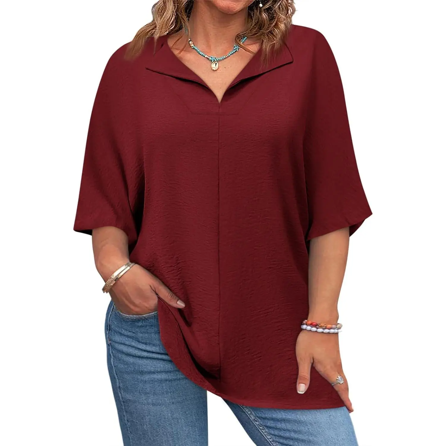 Burgundy red women’s casual V-neck loose-fit blouse