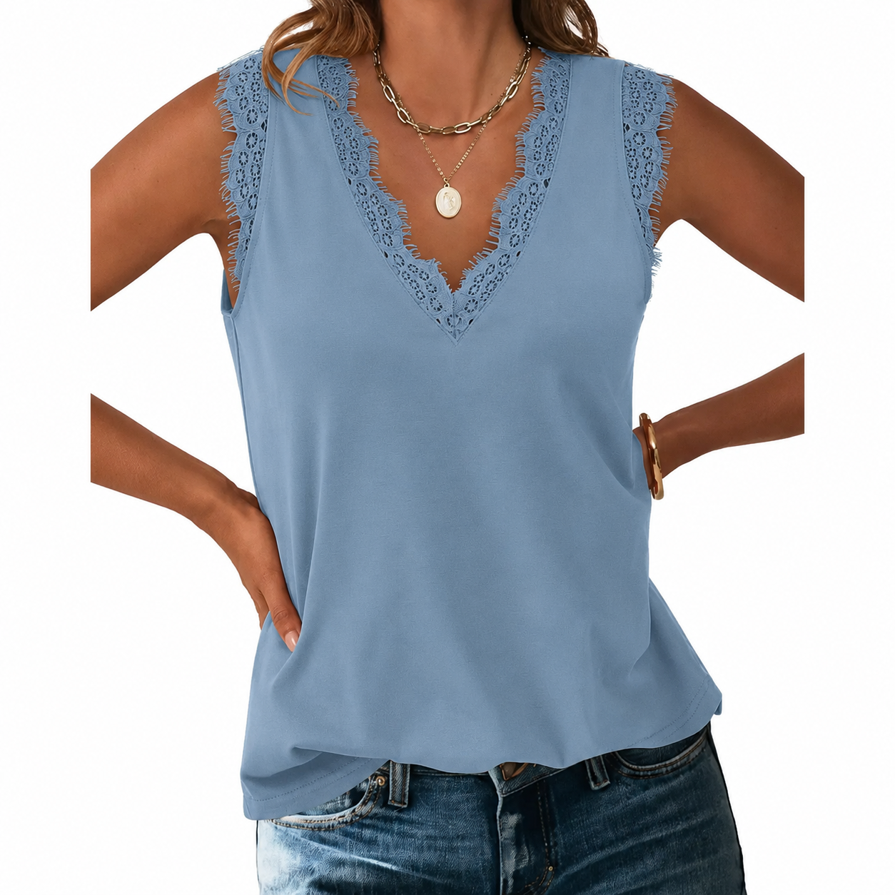 French Blue lace-trim sleeveless V-neck top
