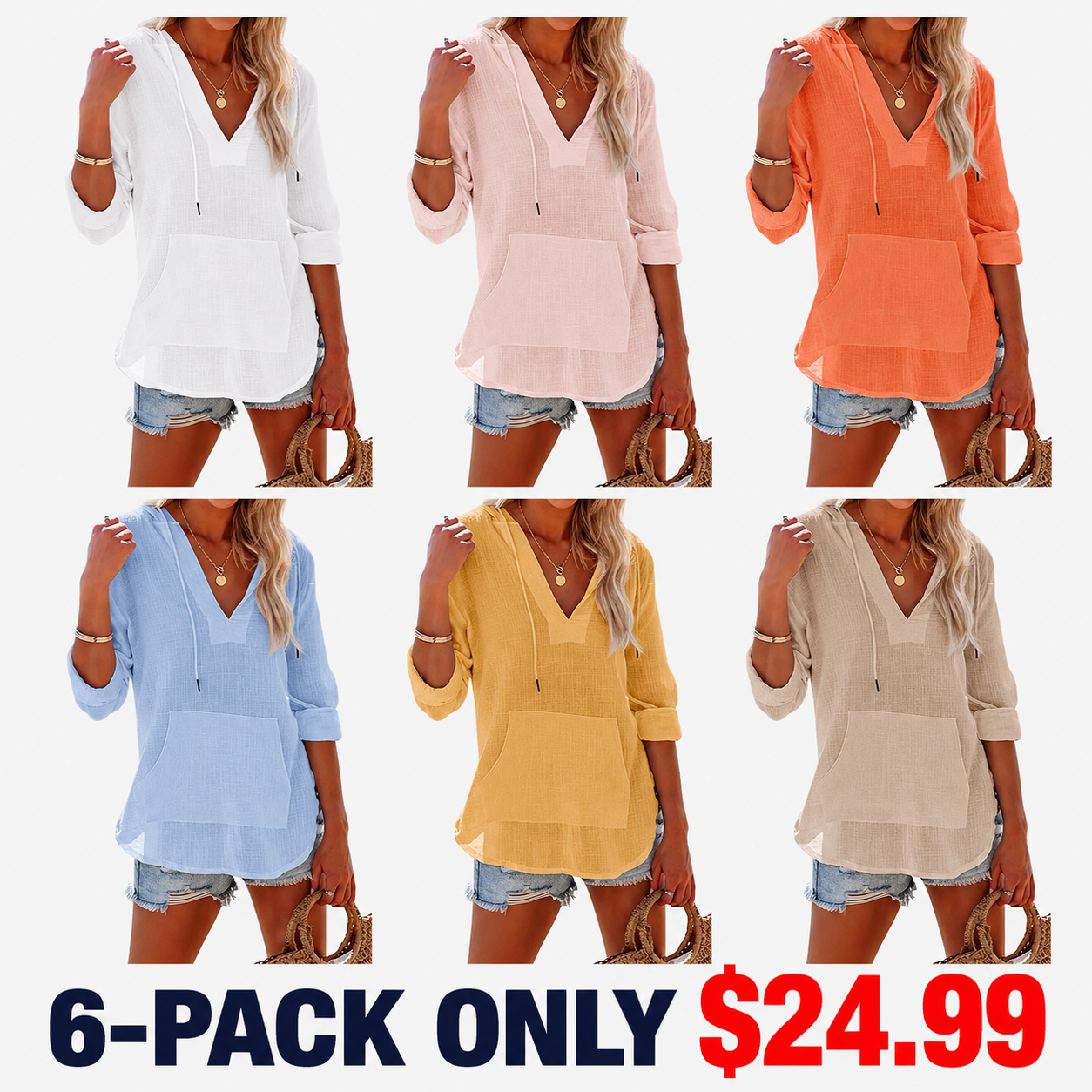 Women's Beach Cover Up hoodies sweatshirt Long Sleeve V-Neck Pocketed Hooded Shirt Top Casual Womenswear