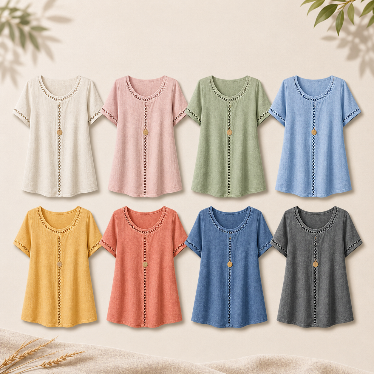 Linen-Look Openwork Trim Short Sleeve Blouse Set
