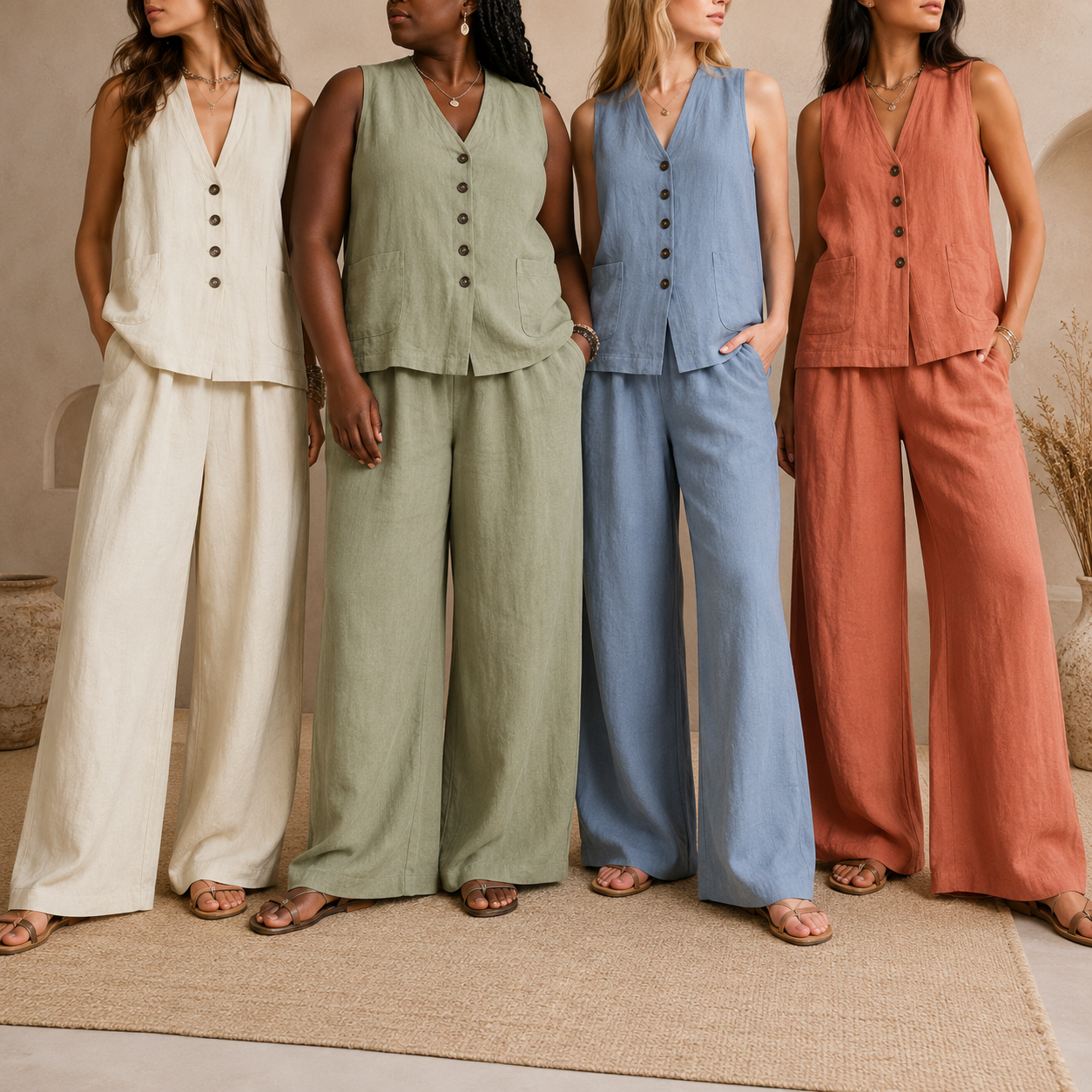 Four model group photo wearing the V-neck vest and wide leg pants set