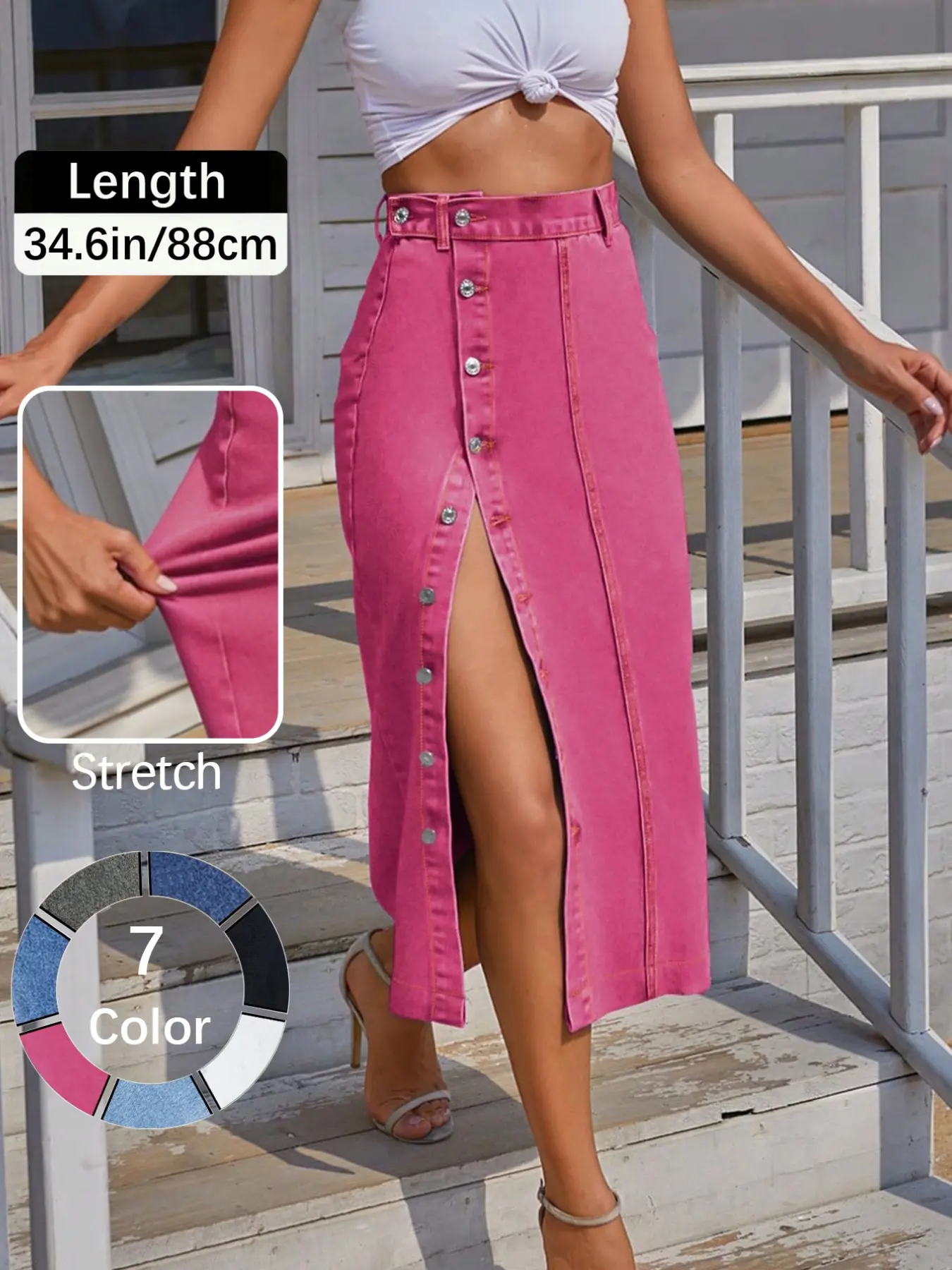 Jeans Women's Button Front Light Wash Denim Split Hem Skirt, Casual Fashion Fitted Skirt for Daily Wear, Ladies Bottoms for All Seasons, Button Fly Skirt