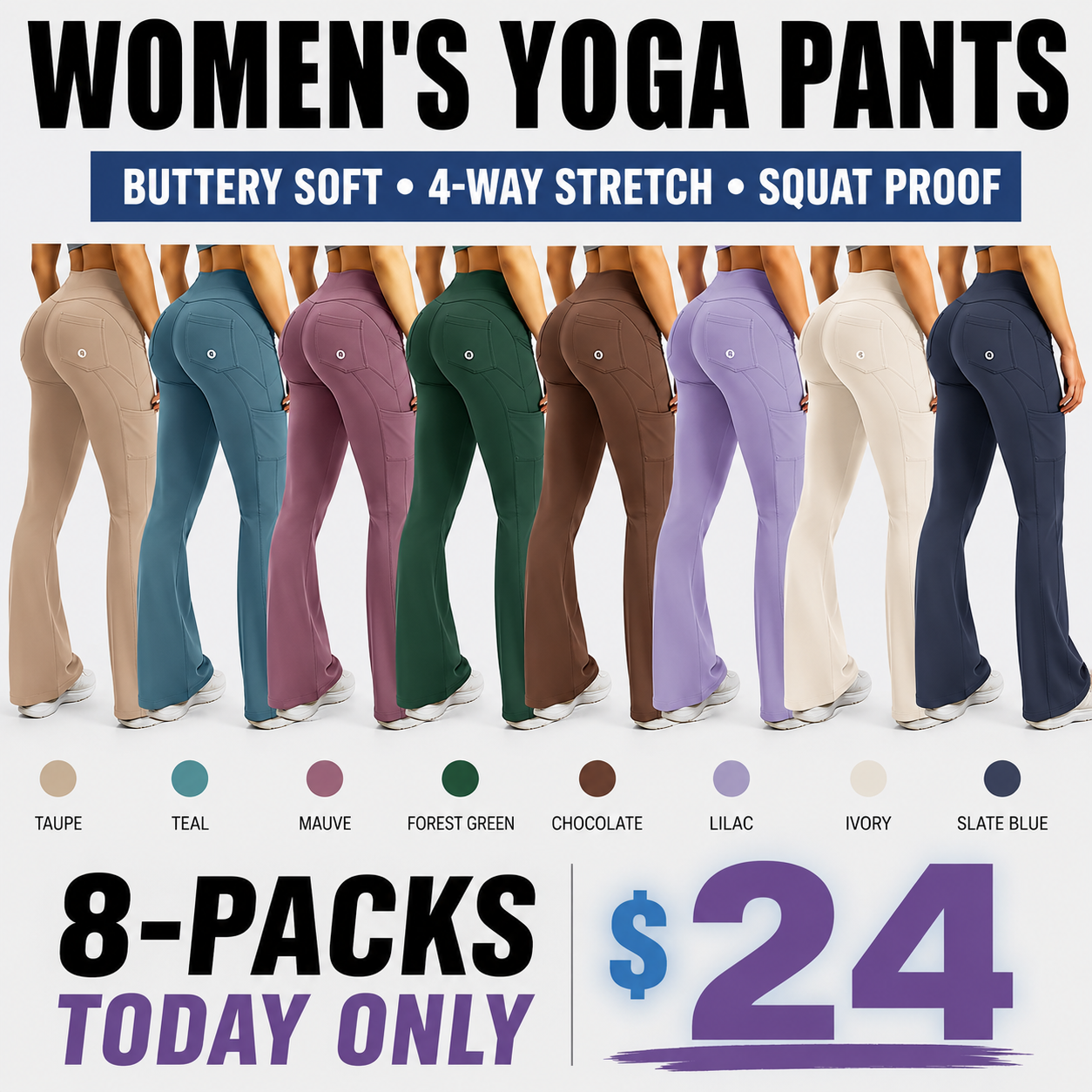 💥 8 Pack Only $24 | Women's Cargo Flare Leggings with Pockets 👖 High Waisted Hidden Scrunch Yoga Workout Pants ✨ No Front Seam Fitness Leggings