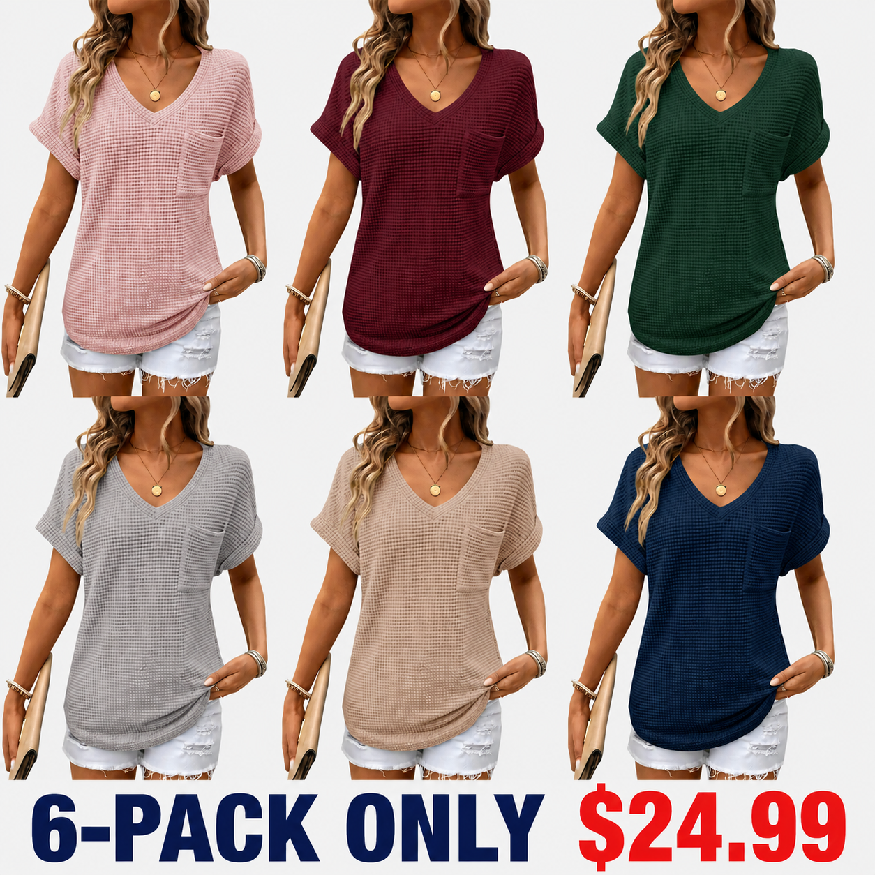 Women's Waffle Knit V-Neck Casual Summer Tops - Lightweight & Breathable Basic Tee for Beach, Party, Work