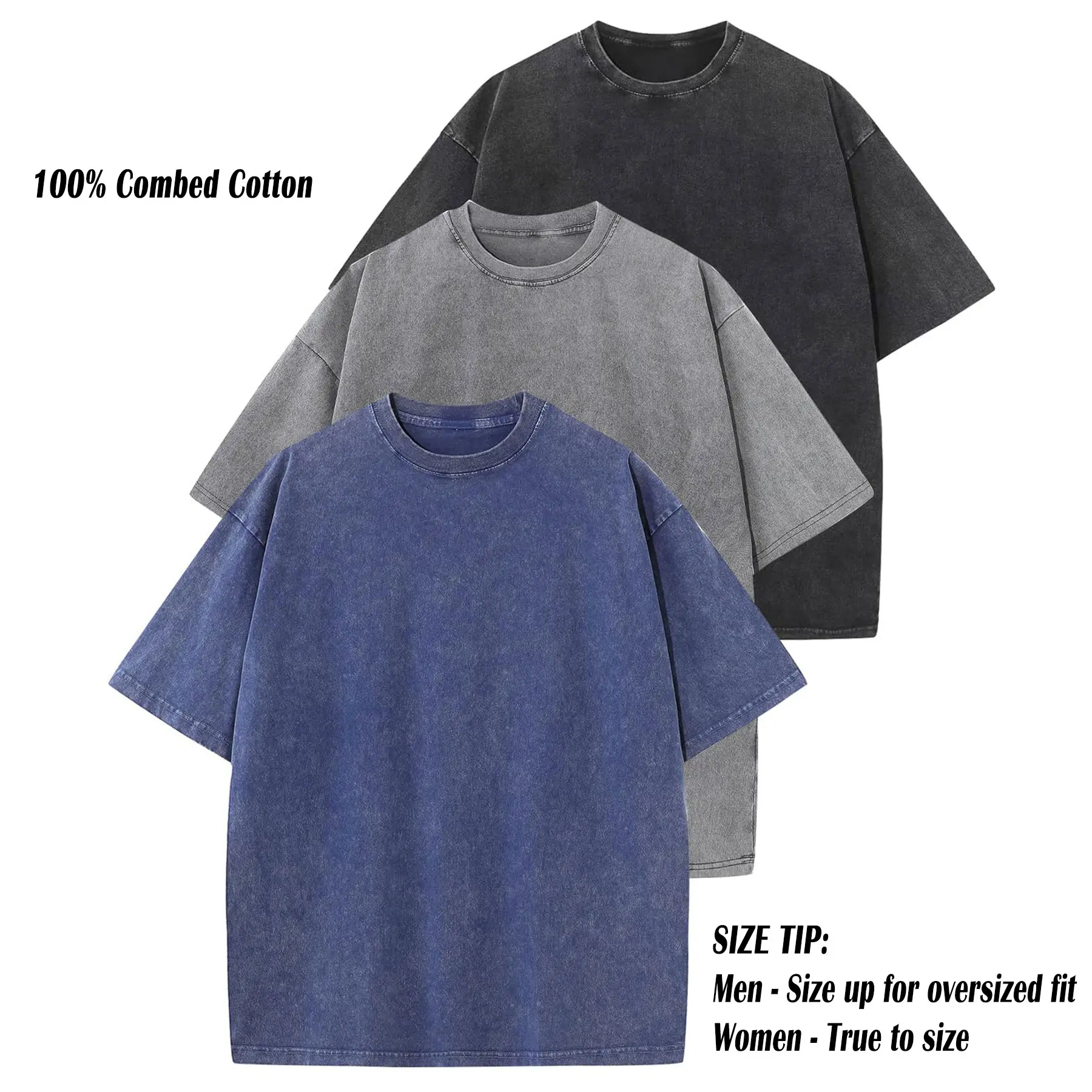 ARSSM 3 Pack Acid Wash Unisex Oversized Cotton T-Shirt Crew Neck Half Short Sleeve Summer Top Casual Loose Fit Solid Streetwear Comfortable Tees Basic Womenswear Shortsleeve Tshirt