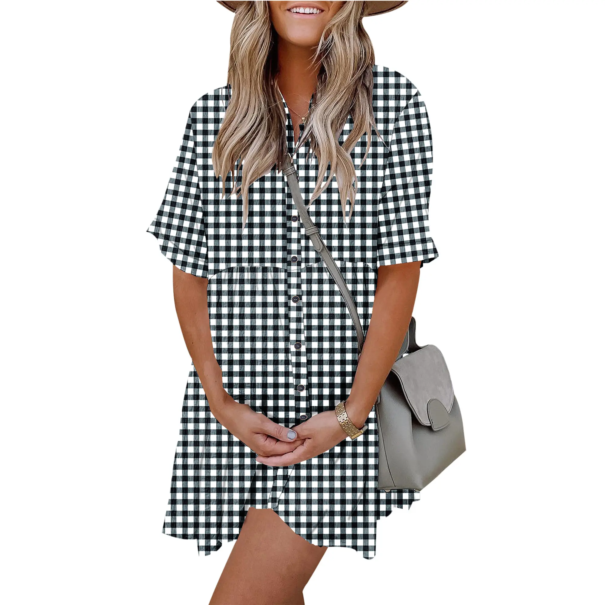 Babydoll Dress for Women Short Sleeve Button Down Textured Non-clingy Loose Fit Flowy Mini Dress with Pockets