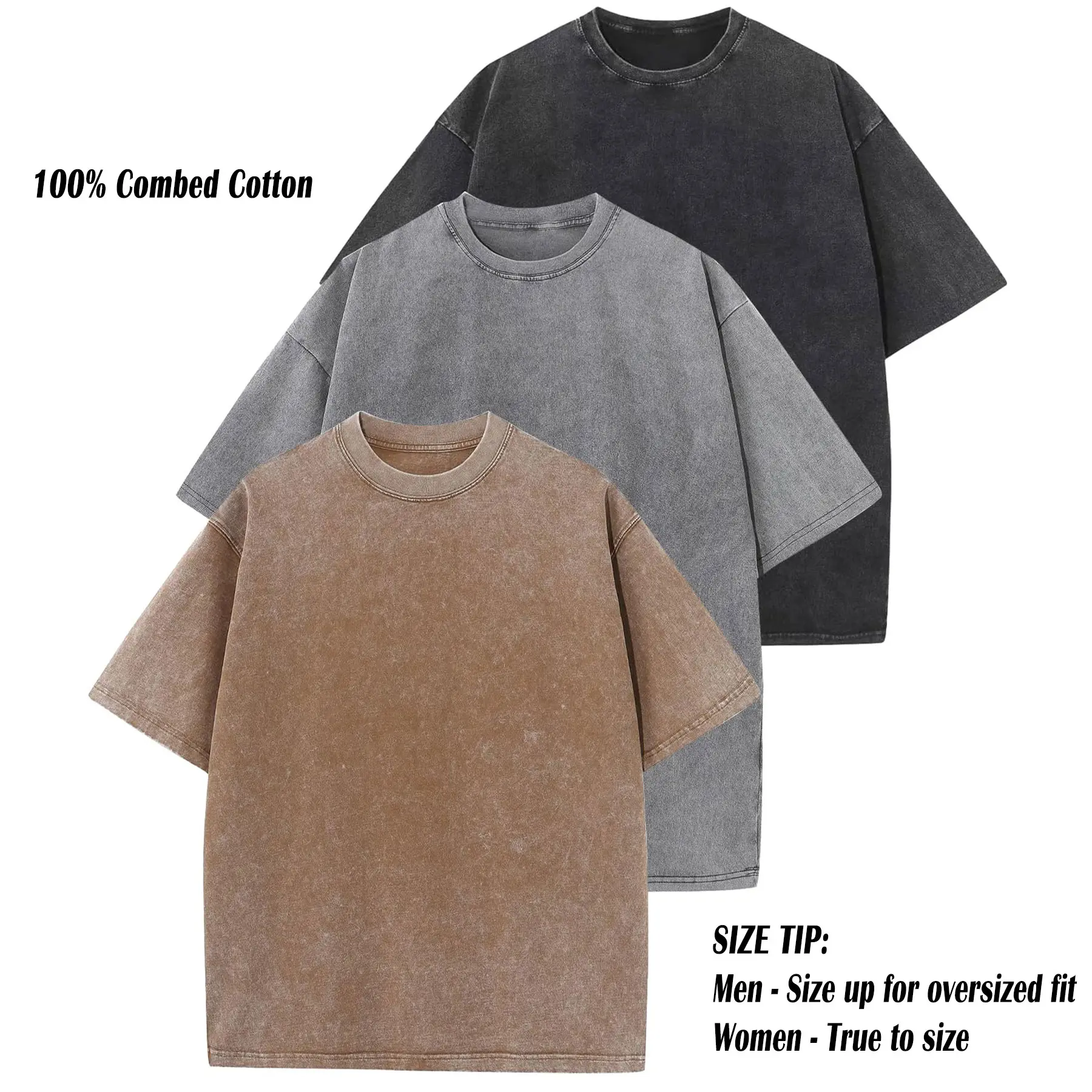 ARSSM 3 Pack Acid Wash Unisex Oversized Cotton T-Shirt Crew Neck Half Short Sleeve Summer Top Casual Loose Fit Solid Streetwear Comfortable Tees Basic Womenswear Shortsleeve Tshirt