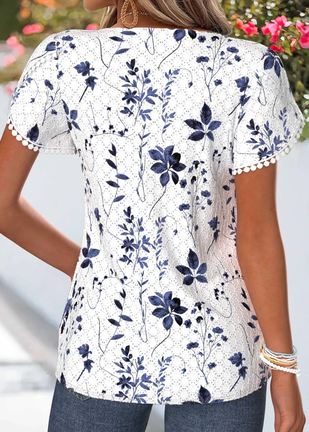 White Curved Hem Short Sleeve Split Neck T Shirt