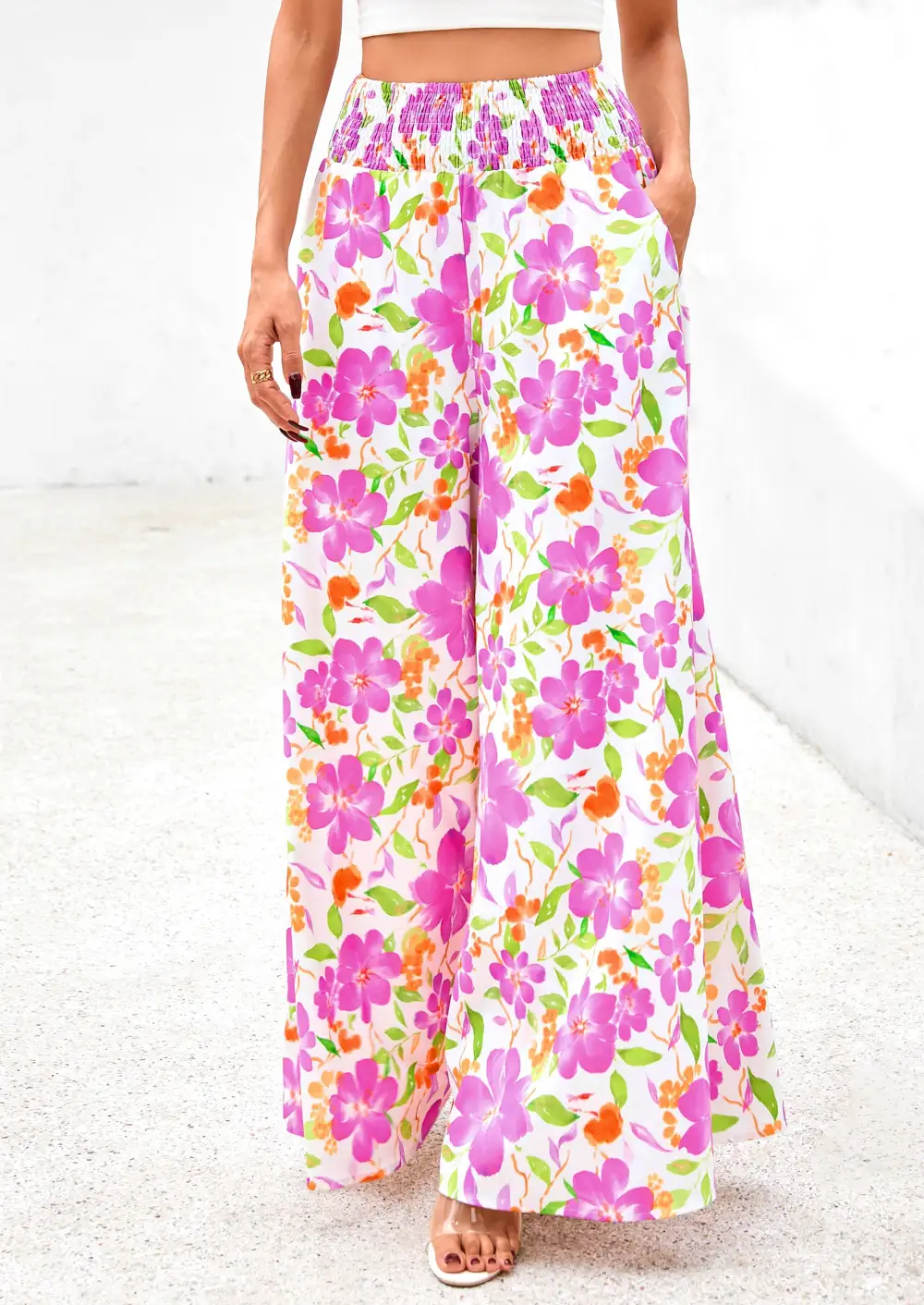 Casual Elastic High WaistedPockets Boho Beach Wide LegPalazzo Pants