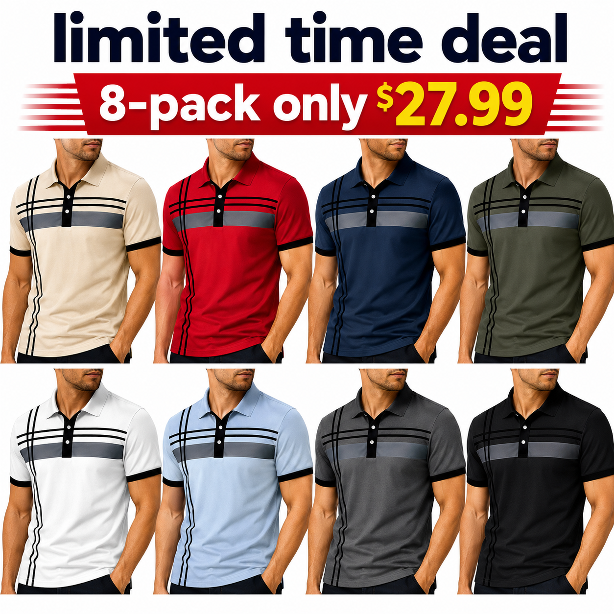 🎉Men's Striped Print Short Sleeve Polo Shirt, Regular Fit Trendy Casual Buttons Collared Top for Summer, Men's Clothes for Daily Wear, Printed Polo Shirts, Summer Polos🔥