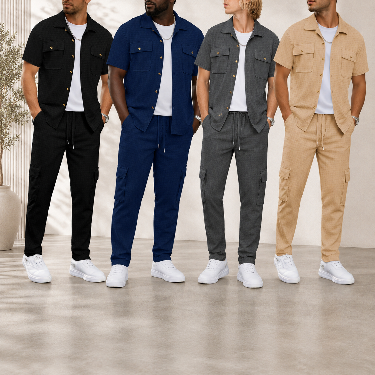 Men wearing textured short sleeve shirt and cargo jogger pants sets in multiple colors