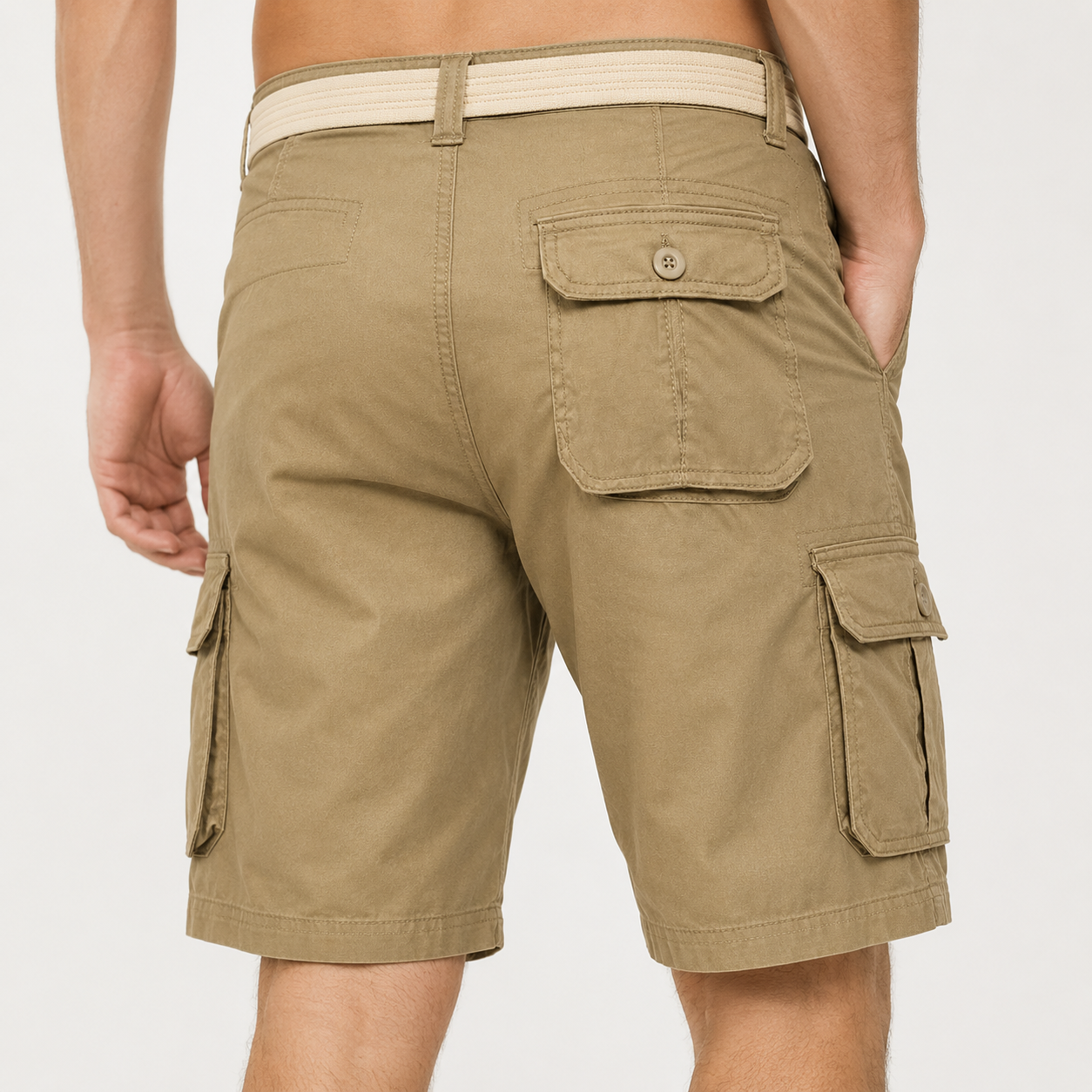 Men's belted cargo shorts back view with flap pocket