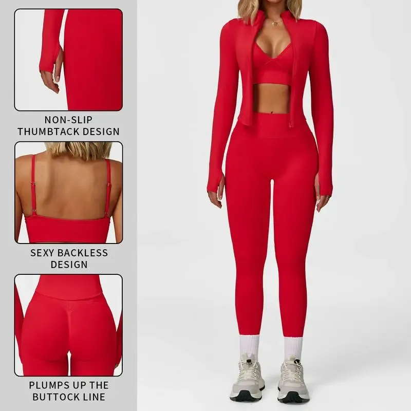 ⏰Limited-Time Sale💥Women's Solid Criss Cross Crop Tank Top & High Waist Leggings & Zip Up Crop Jacket Tracksuit Set