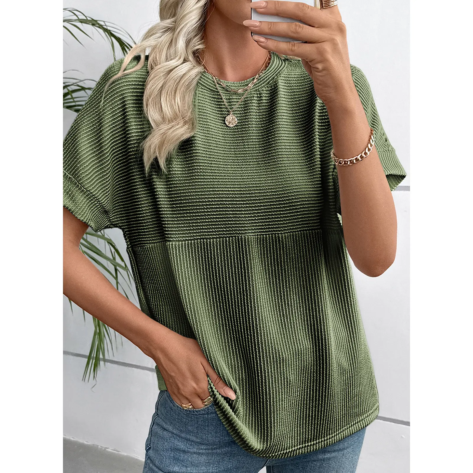 Women's Solid Short Sleeve T Shirts Tops Ribbed Knit Striped Crewneck Casual Loose Fit T Shirts 2026 Womenswear Summer Outfits Summer vibes Swim Week