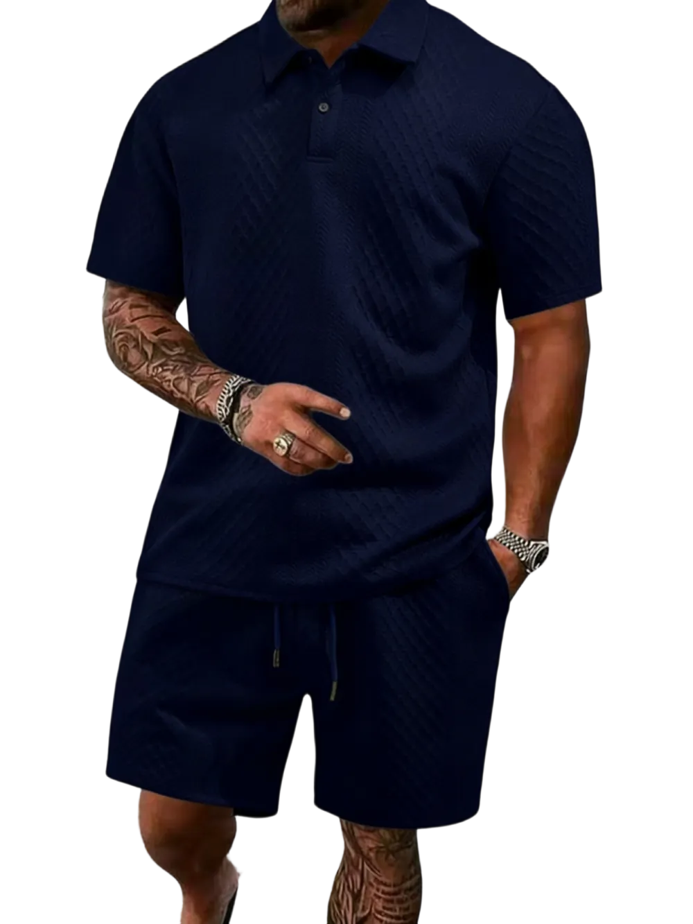 Men's Summer Casual Textured Polo Shirt and Shorts Two-Piece Set