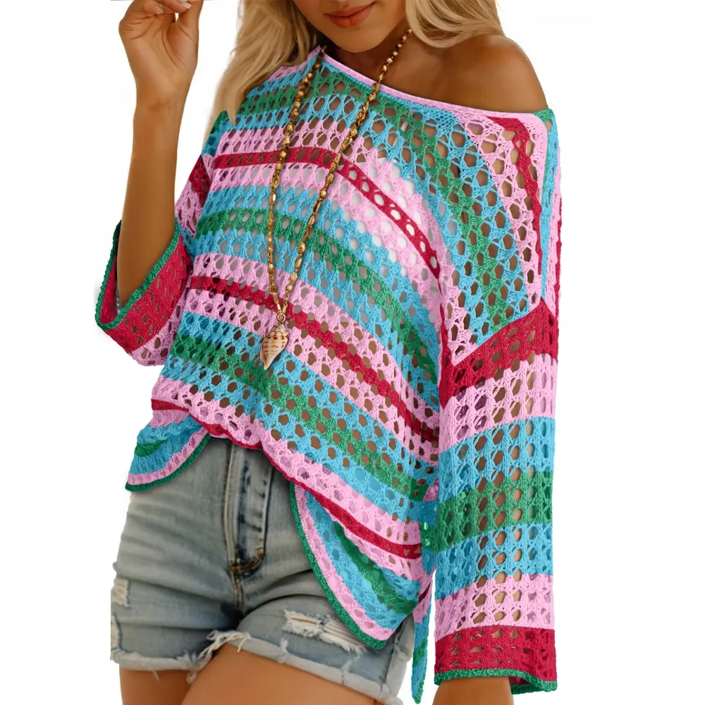 Pink teal green striped hollow-out crochet top