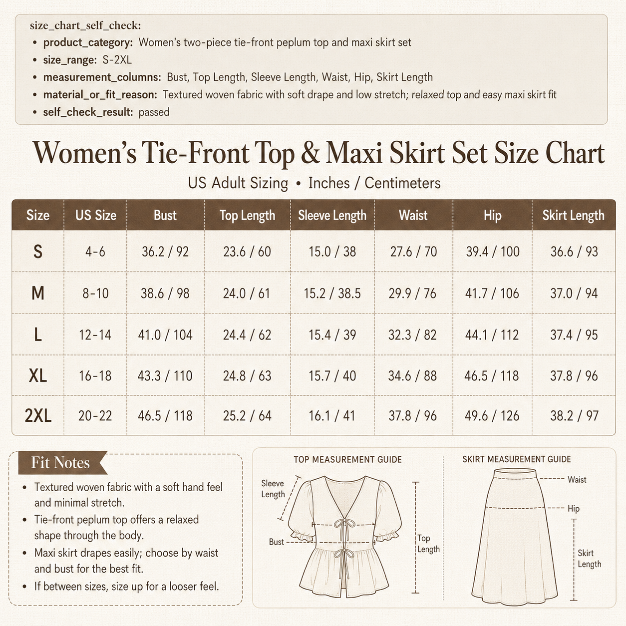 Size chart for tie front puff sleeve top and maxi skirt set