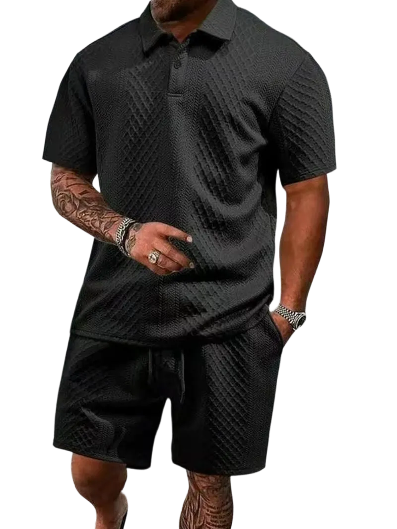 Men's Summer Casual Textured Polo Shirt and Shorts Two-Piece Set