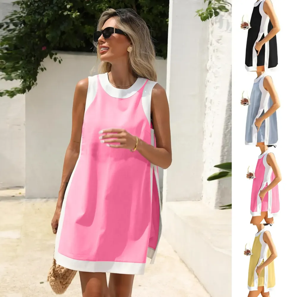 Women's color-blocked crew neck sleeveless pullover with shorts with pockets
