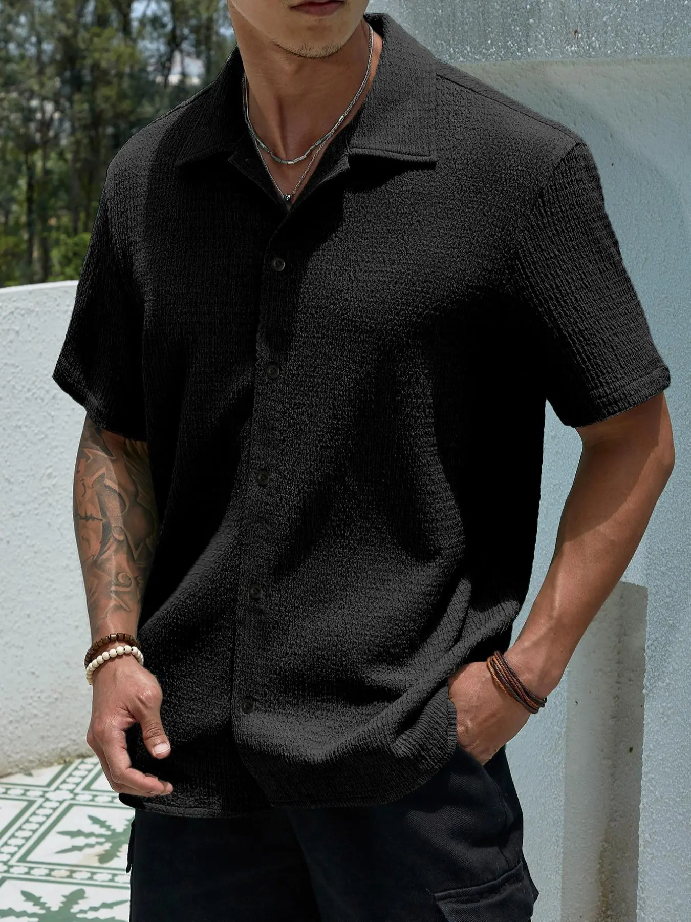 Men's Casual Textured Button Down Shirt - Summer Fit
