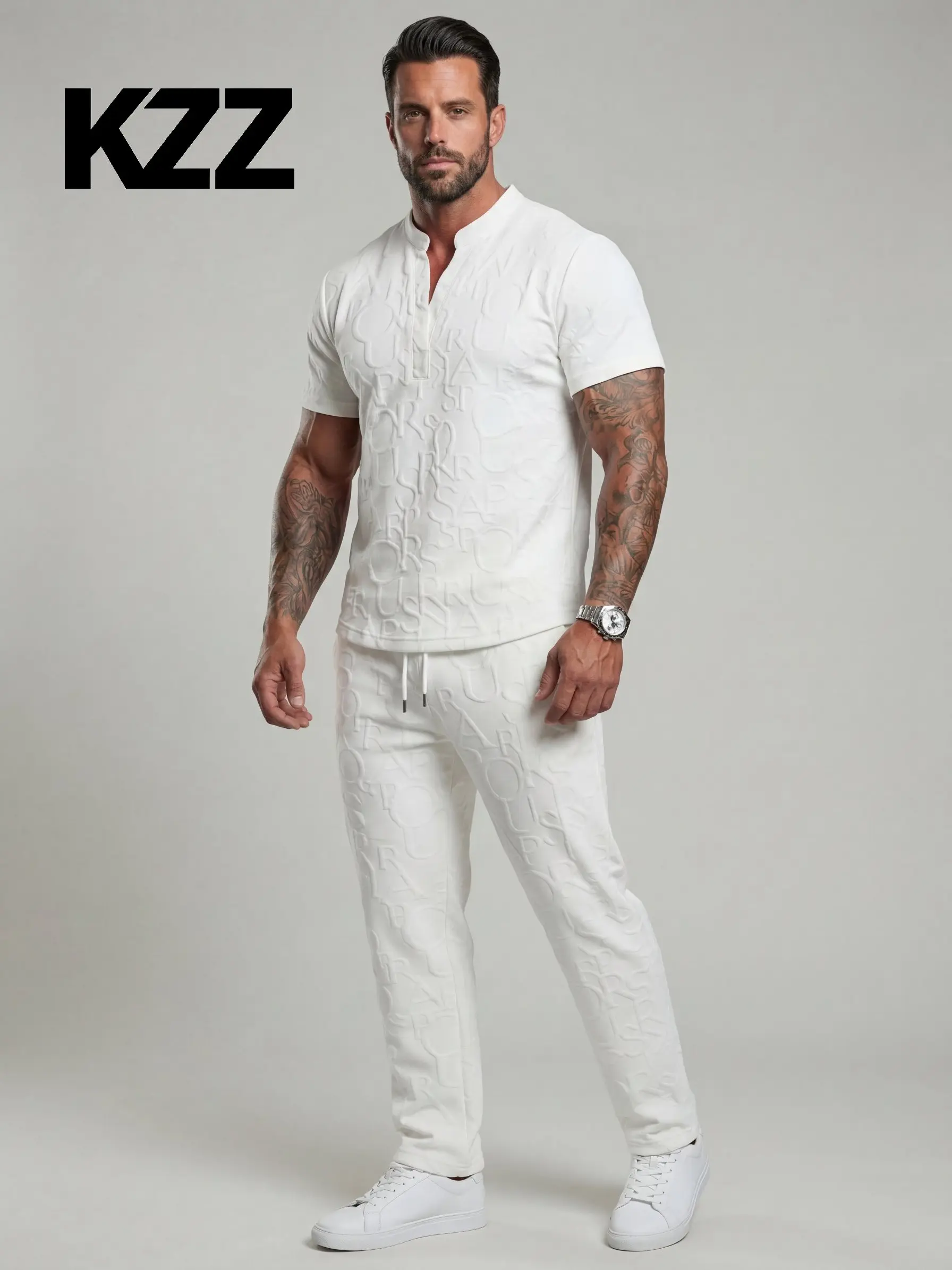 Men’s Textured Letter Embossed 2-Piece Casual Set – Short Sleeve Notch Neck Shirt & Drawstring Pants 5-Pack
