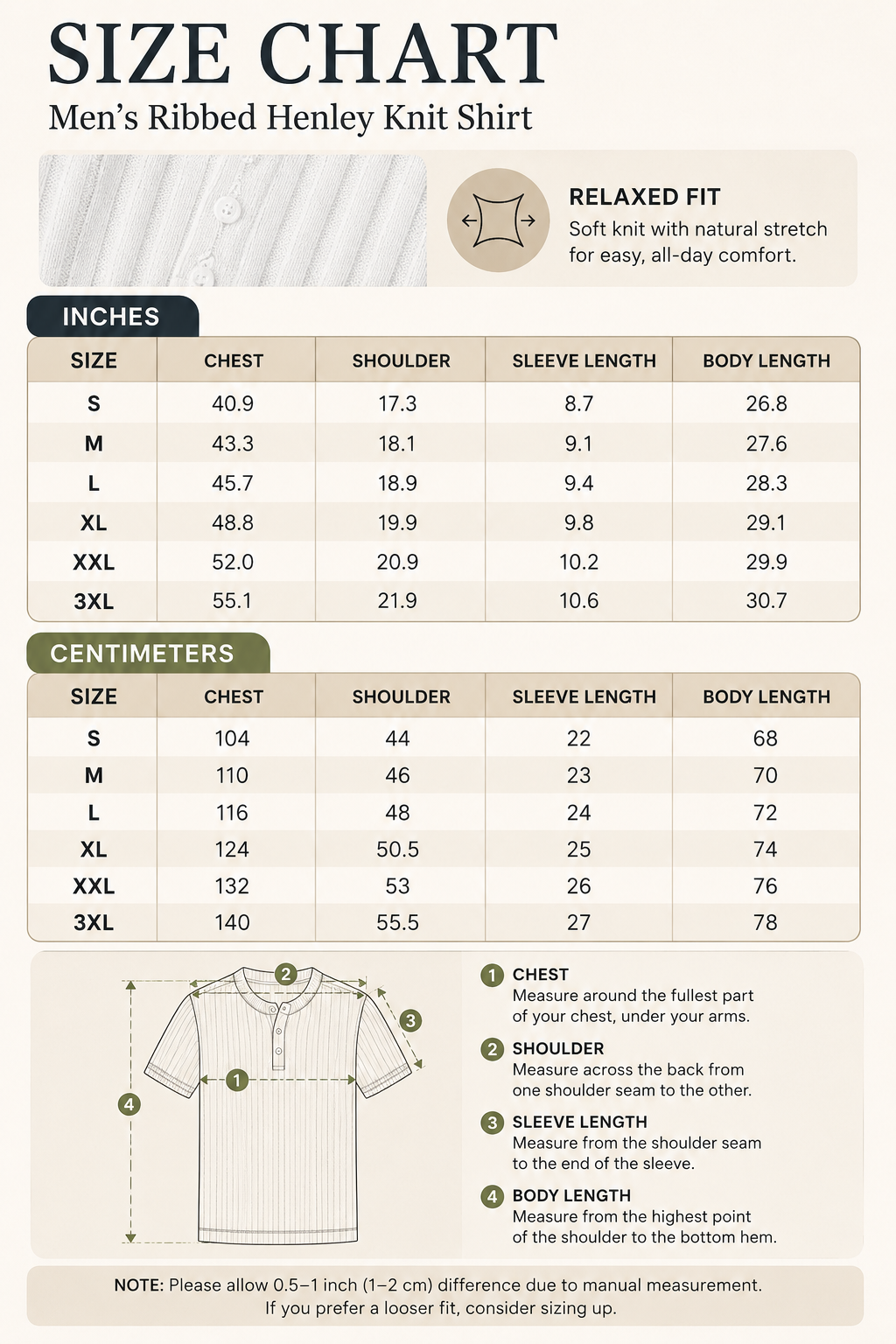 Men's ribbed henley knit shirt size chart