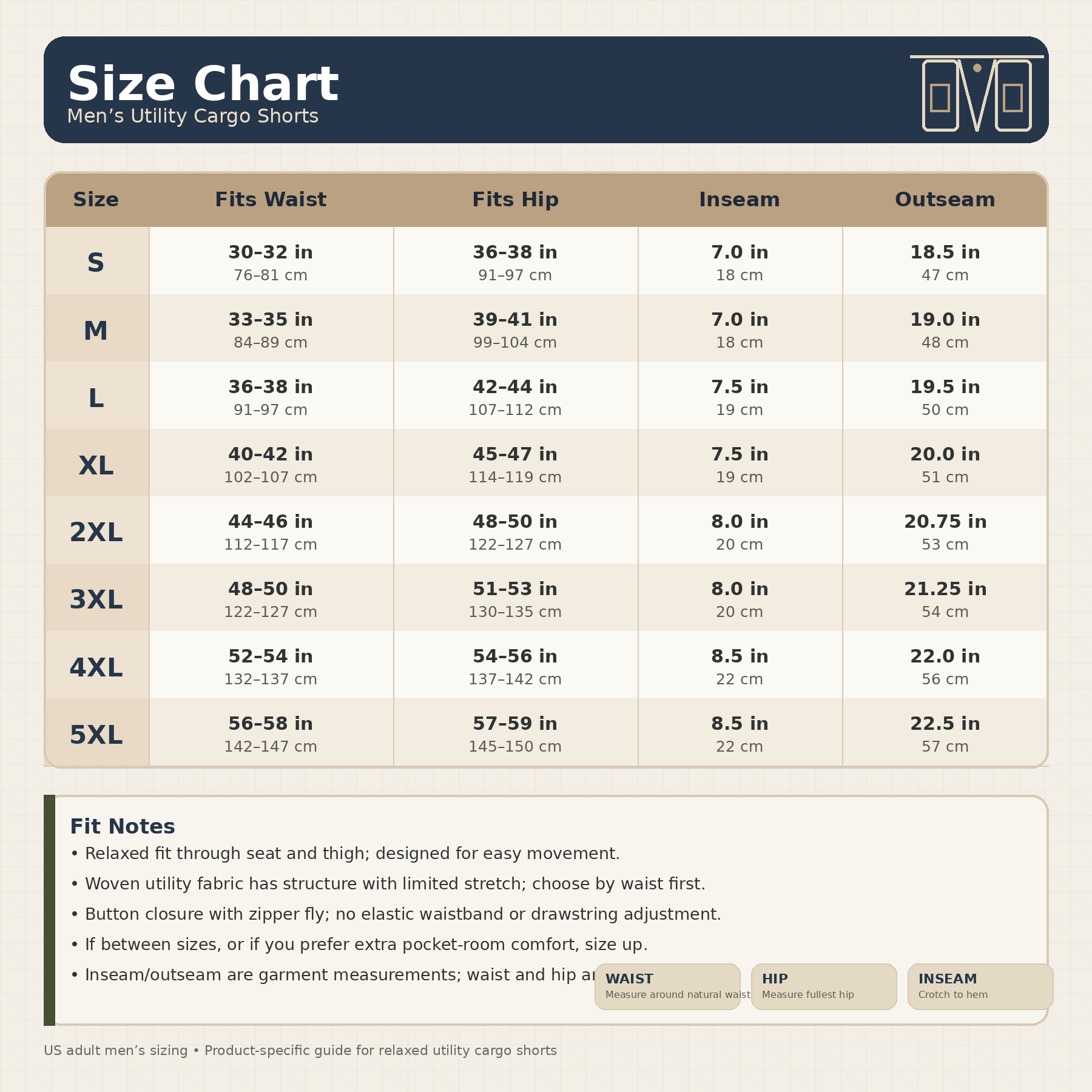 Men's utility cargo shorts size chart