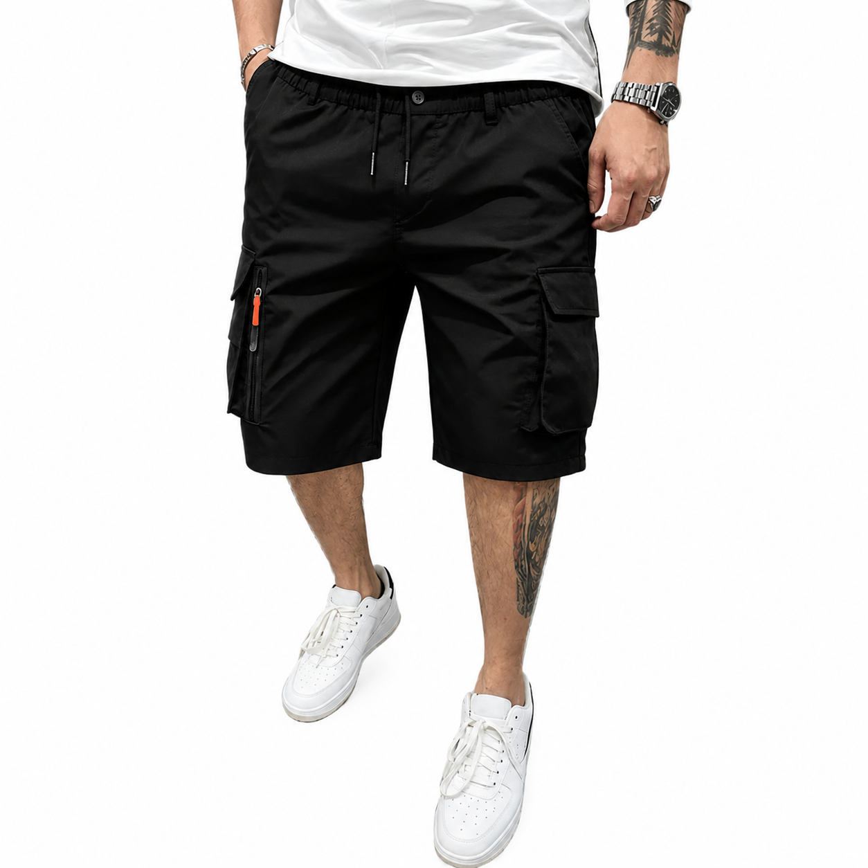Men's Athleisure Cargo Shorts (8-Pack) — Multi-pocket design, elastic drawstring waistband, decorative faux fly; suitable for outdoor hiking, daily running, and commuting.
