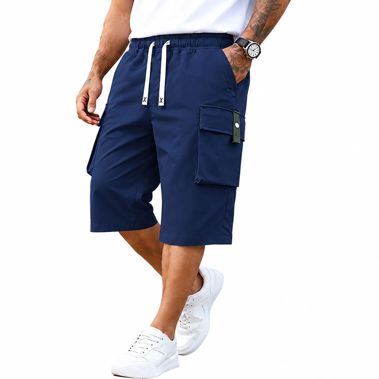 Men’s Plus Size Cargo Shorts, 3-Pack — elastic waistband design, multiple pockets, letter embroidery decoration, regular fit with a mid-rise waist, non-stretch fabric suitable for everyday wear and casual activities, non-see-through fabric