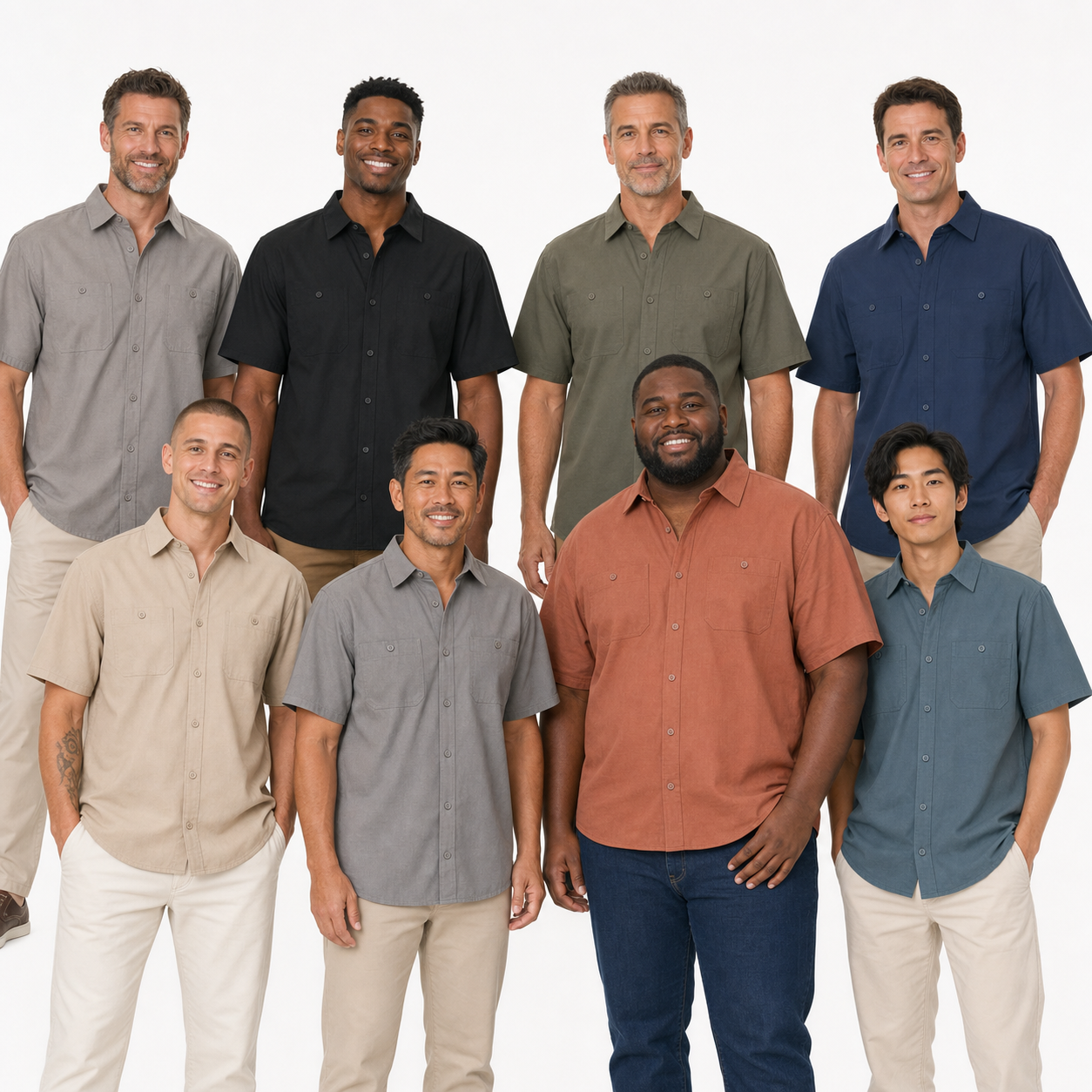 8 men wearing the same utility button-up shirt in different colors