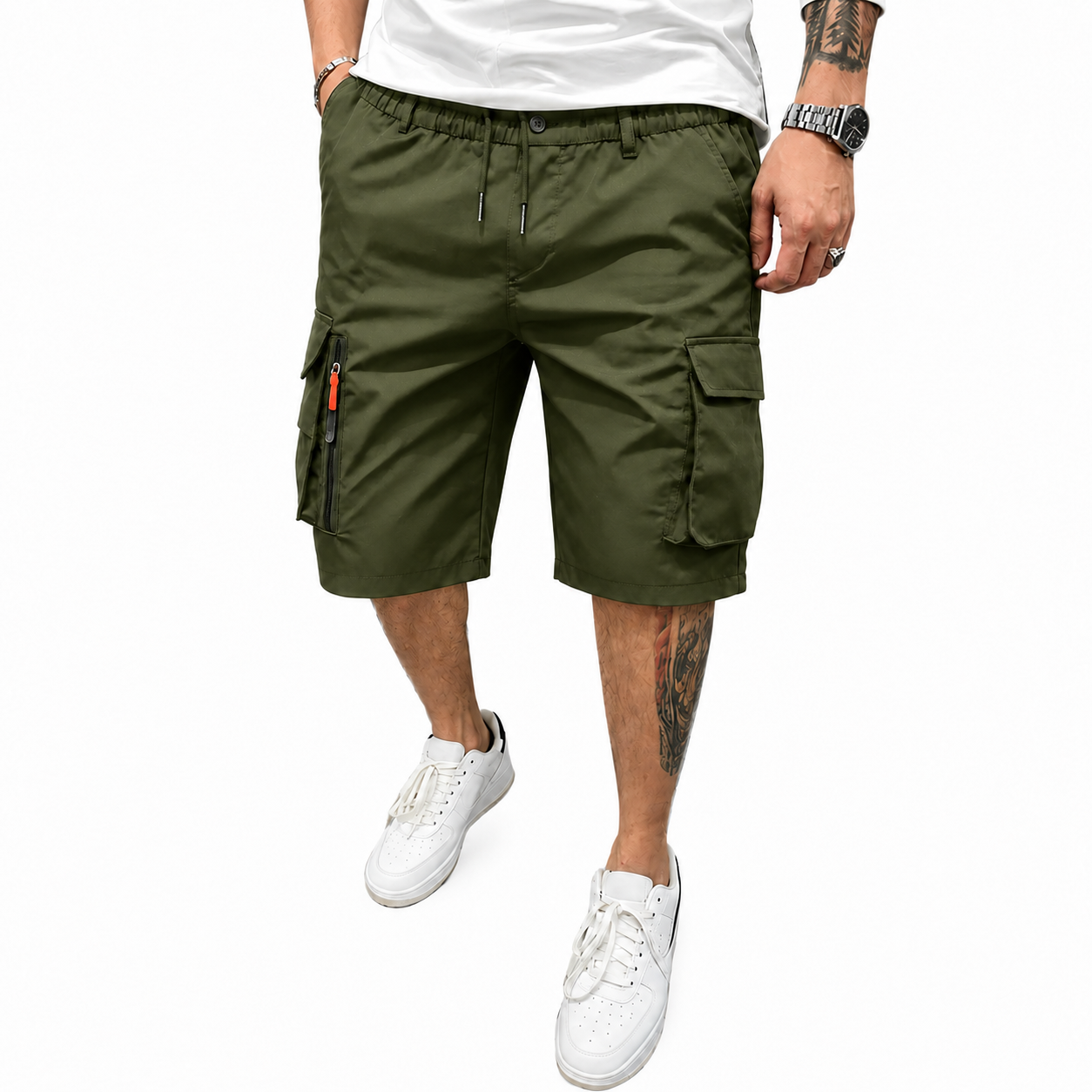 Men's Athleisure Cargo Shorts (8-Pack) — Multi-pocket design, elastic drawstring waistband, decorative faux fly; suitable for outdoor hiking, daily running, and commuting.