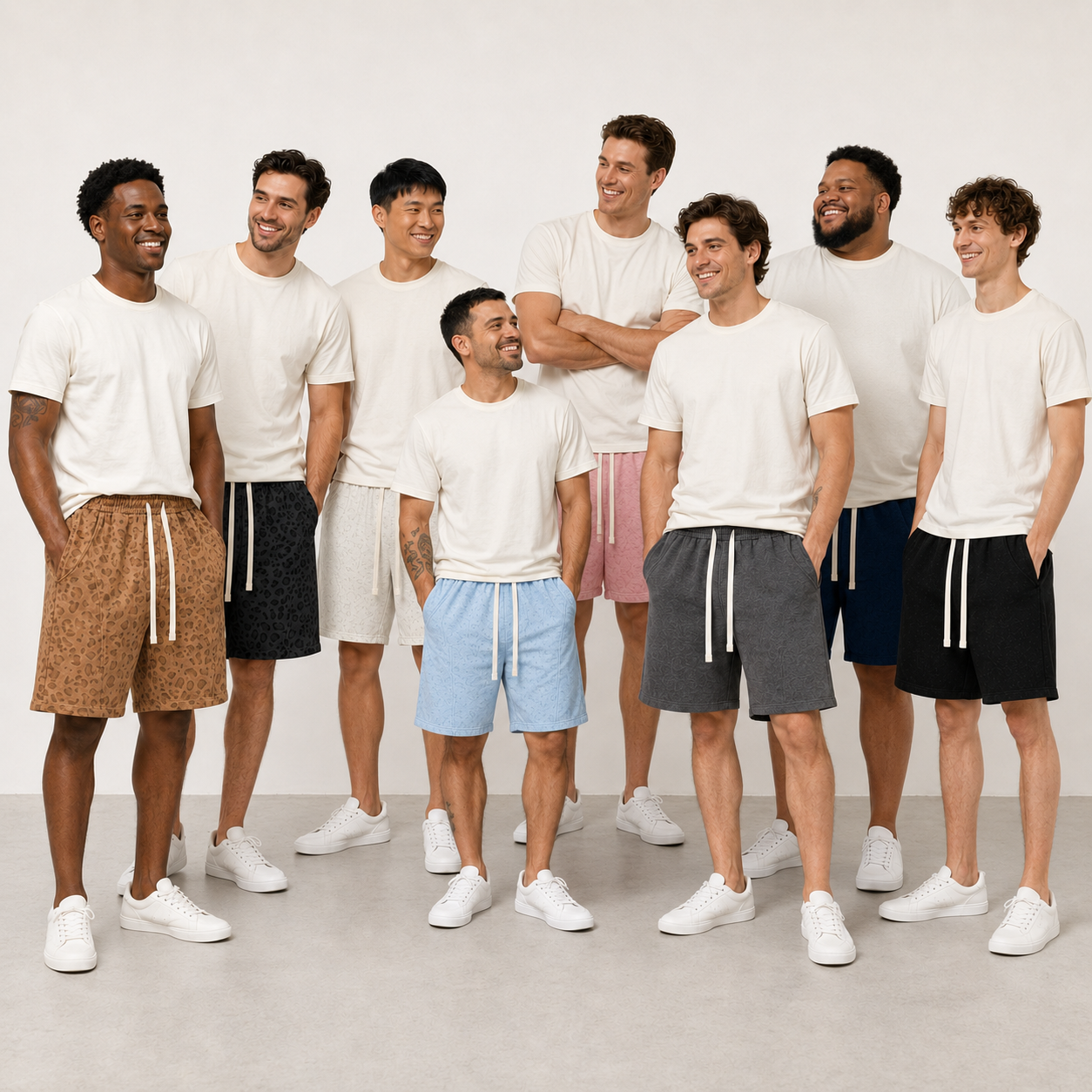 Eight adult models wearing the casual shorts colors