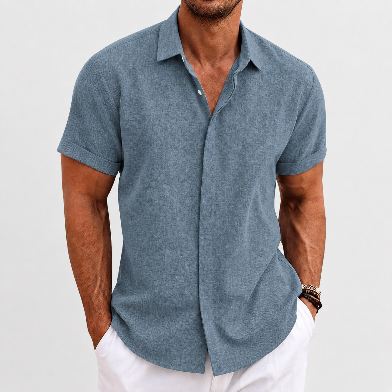 Dusty Denim Blue short-sleeve button-up shirt model image