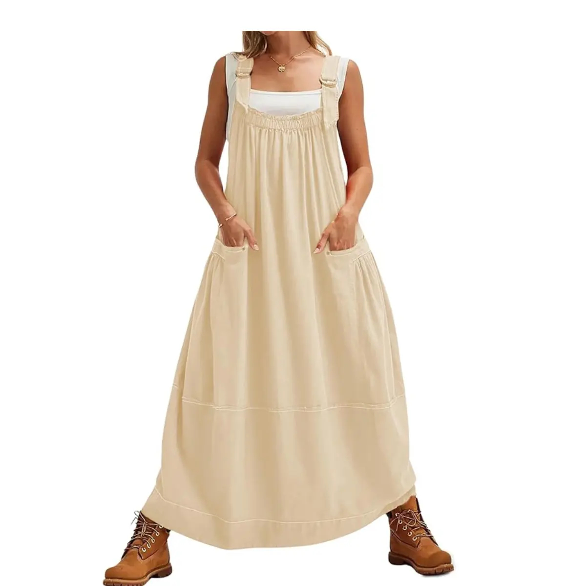 Sleeveless Strappy Maxi Dress with Big Pockets & Adjustable Straps