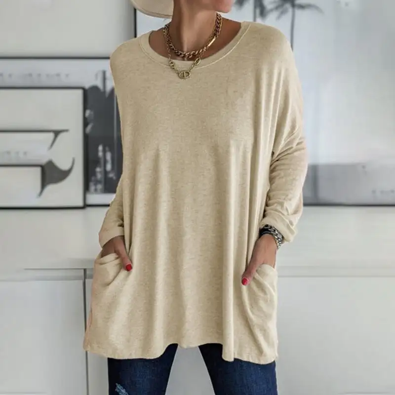 2026 Spring Summer New Round Neck Long Sleeve Pocket Solid T-Shirt
