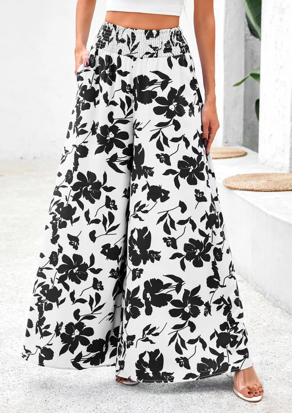 Casual Elastic High WaistedPockets Boho Beach Wide LegPalazzo Pants