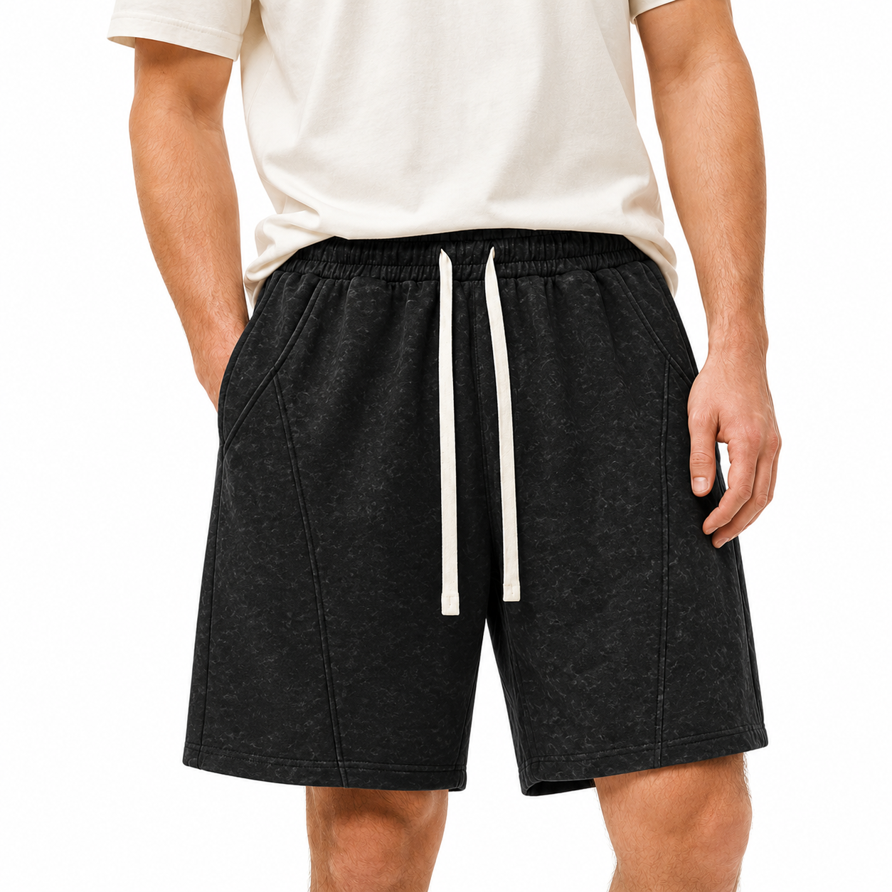Solid black men's casual shorts front view