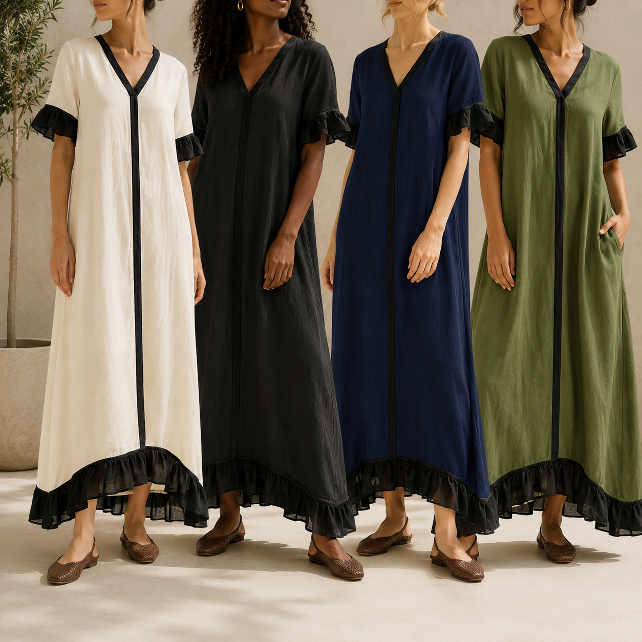 Women wearing contrast V-neck ruffle hem maxi dresses in mixed colors