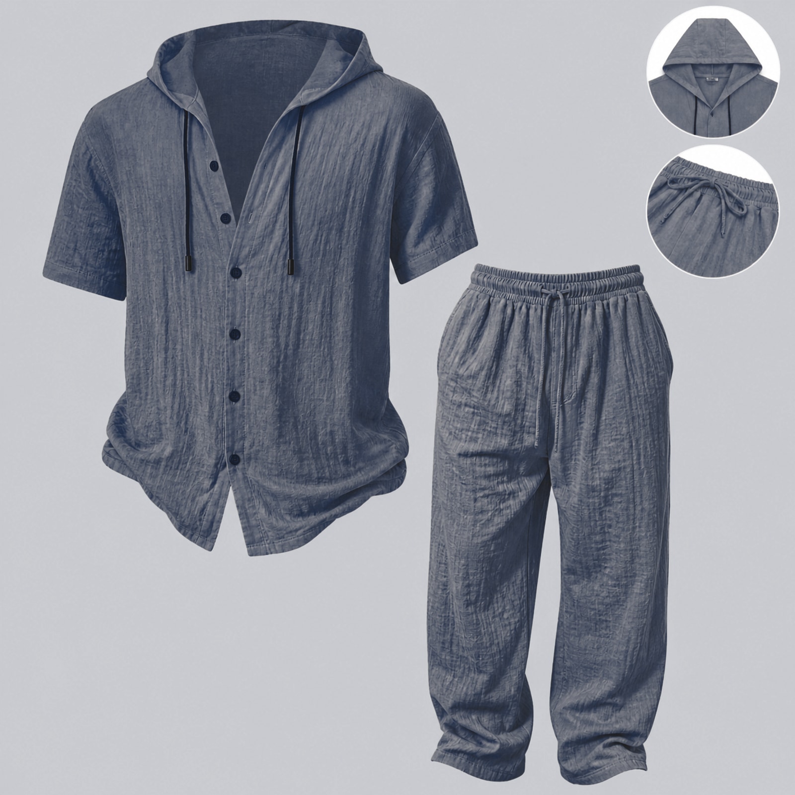 Mens Summer Hooded Sweatshirt Wide Leg Pants Set Mens Simple Casual Hooded Short Sleeve Shirt Button Loose Wide Leg Pants Holiday Relaxed Short Sleeve Two-piece Set Navy 1 Set