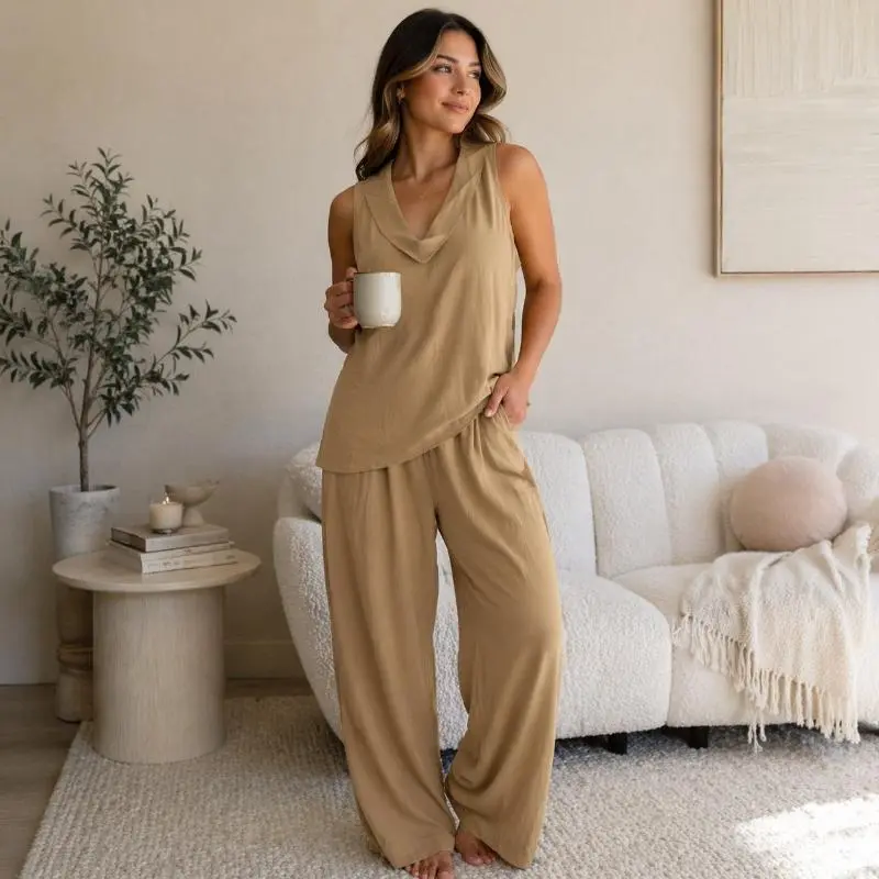 Boho Two Piece Set - Perfect for Beach, Vacation & Brunch Sleeveless Top Wide Leg Pants Set